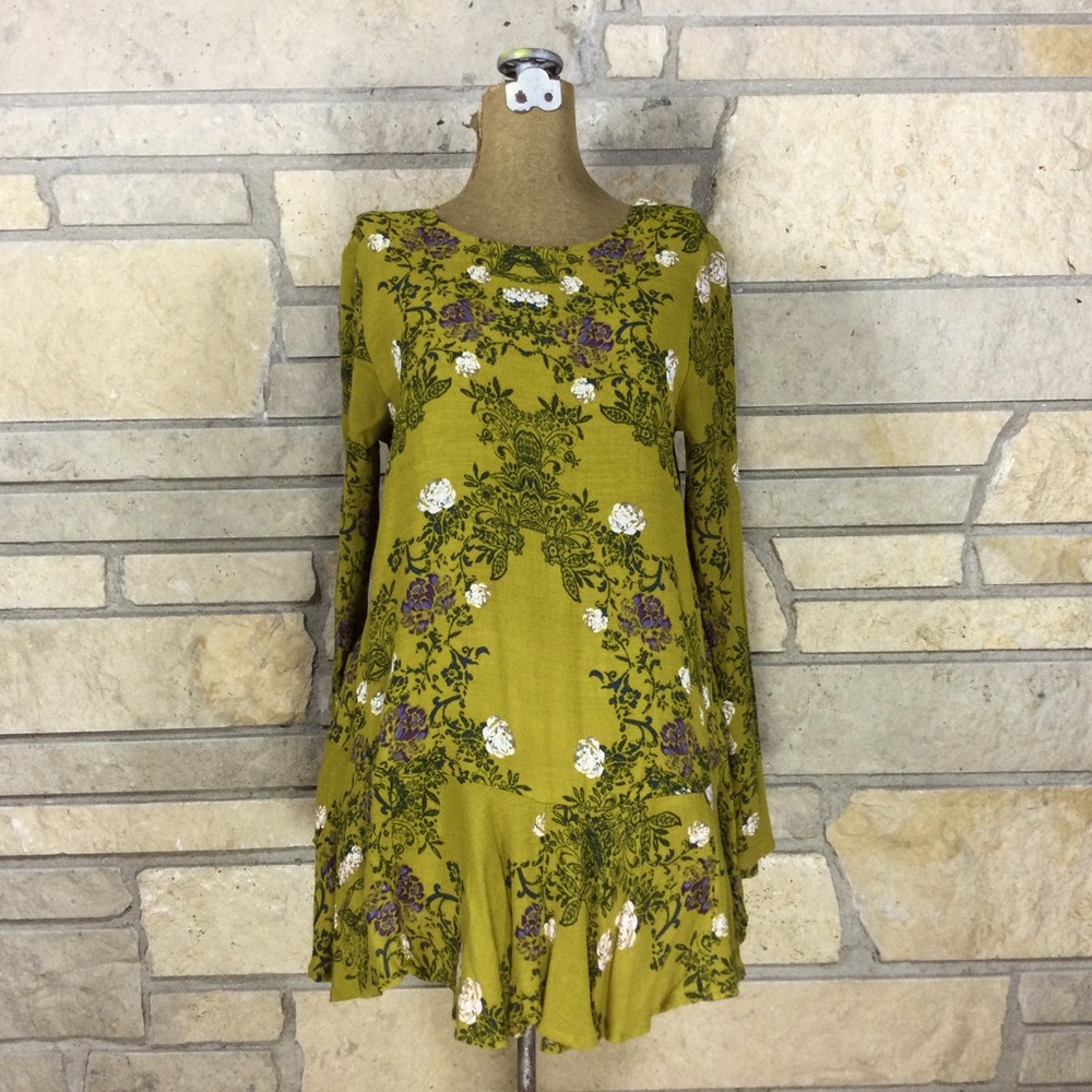 Free People Long Sleeve Floral Mini Dress with V Neck and Open Back